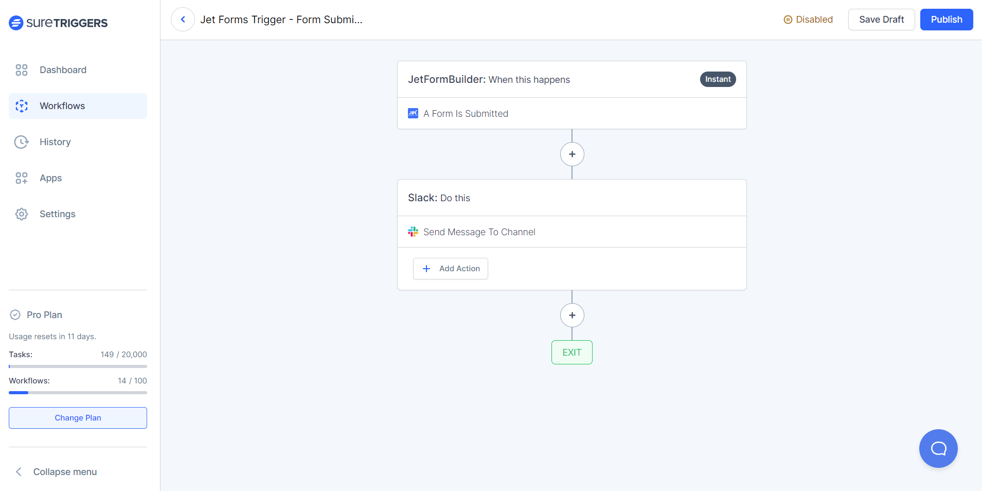 This images shows a workflow that sends a Slack message when JetFormBuilder is submitted.