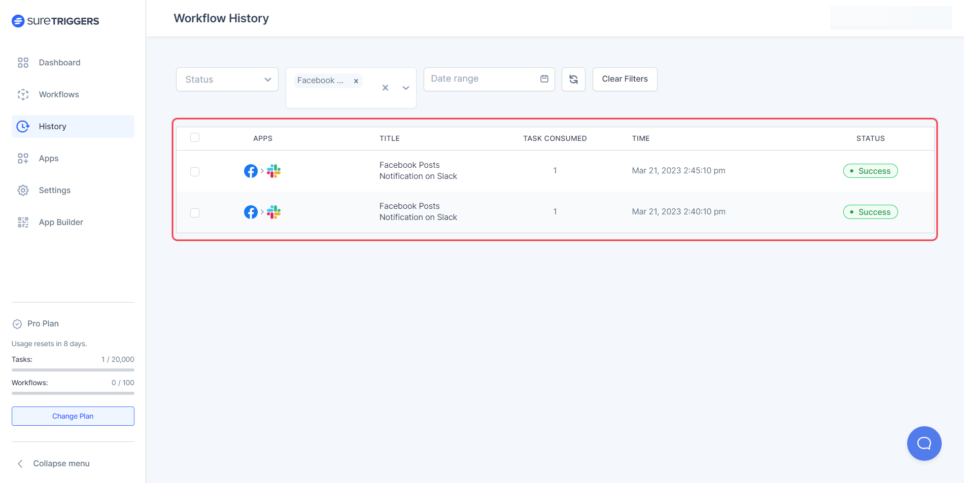 This screen shows the successful workflow runs.