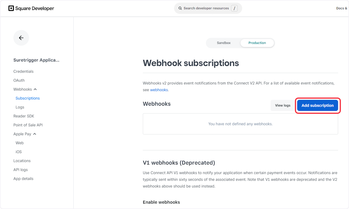 Click on the "Add Subscription" button under the Webhooks Subscriptions section.