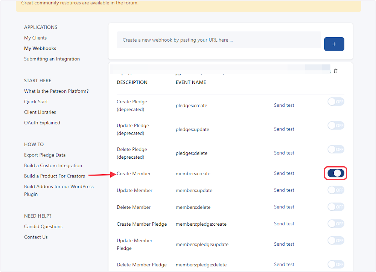 Now, toggle the event that corresponds to your trigger. For instance, if you are adding a webhook for "New Member" events, you should toggle the "Create Member" event.