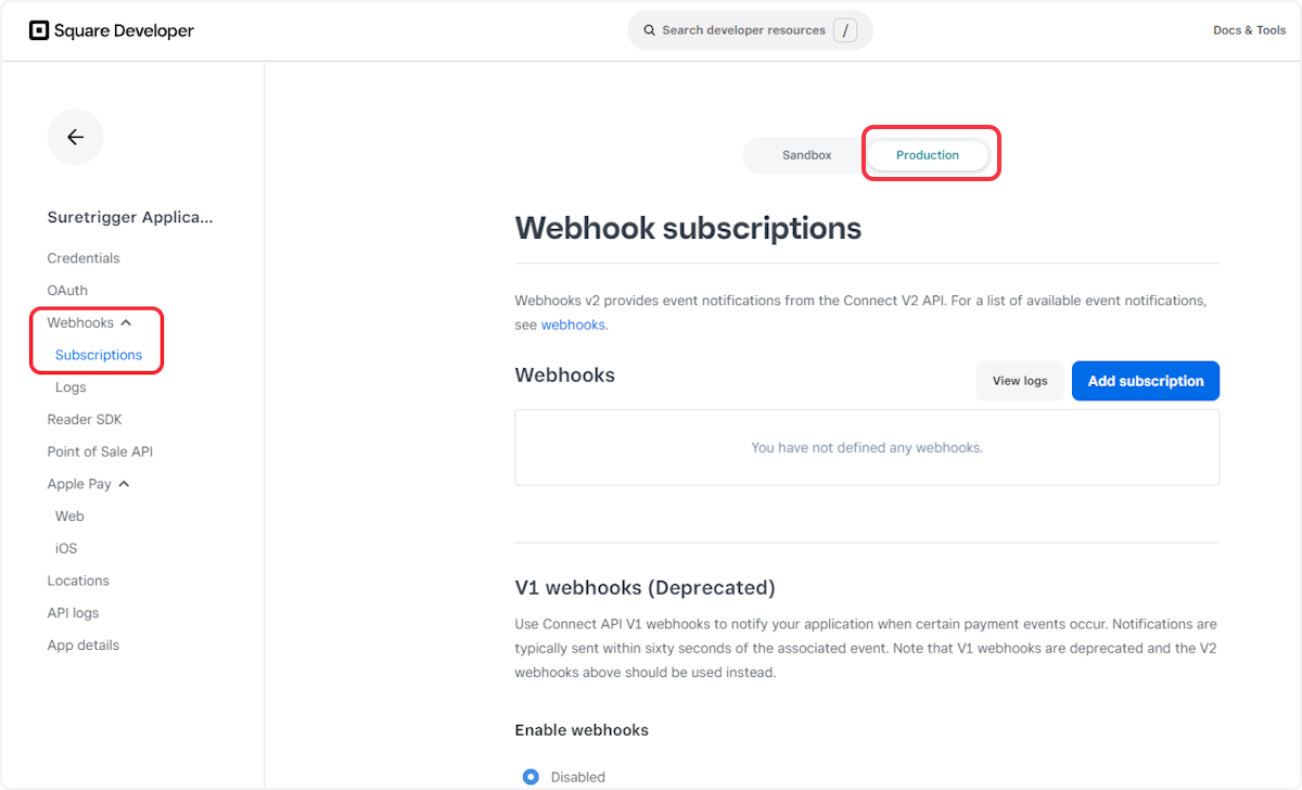 Select the Production account and go to Webhooks > Subscriptions from the left navigation menu.