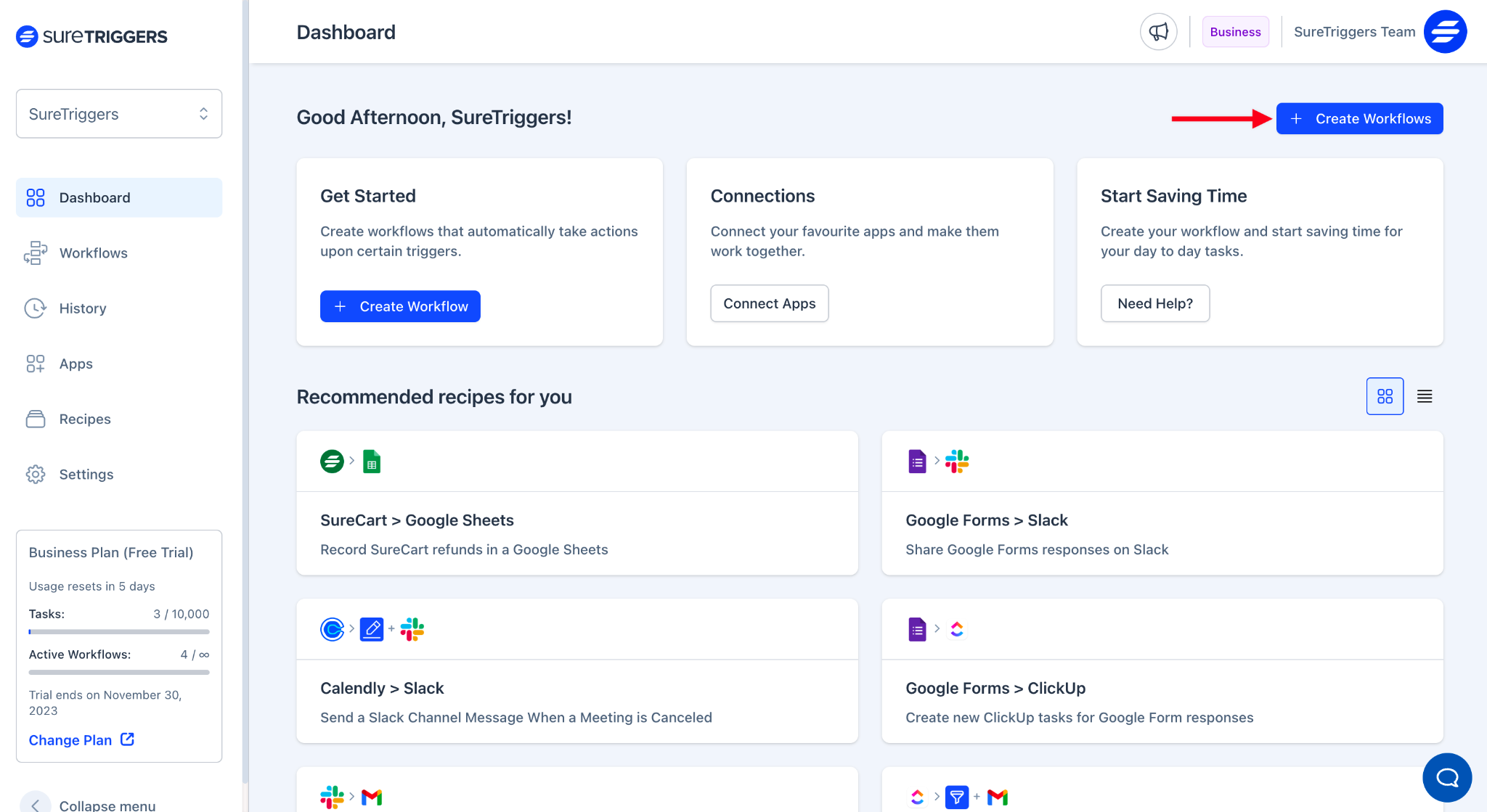 SureTriggers dashboard