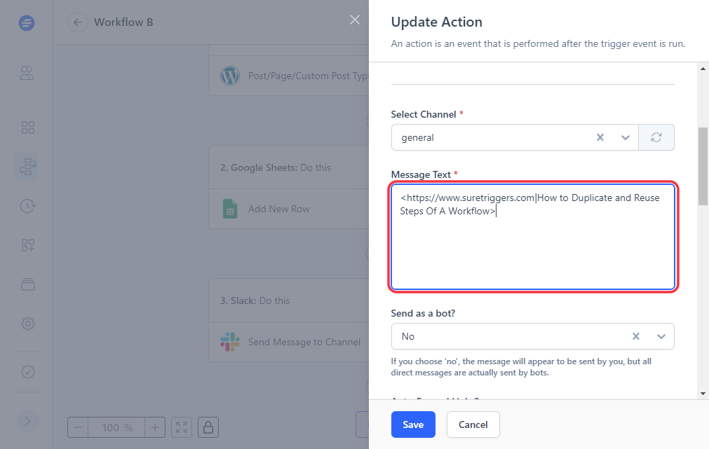 Image of Slack message option in SureTriggers workflow