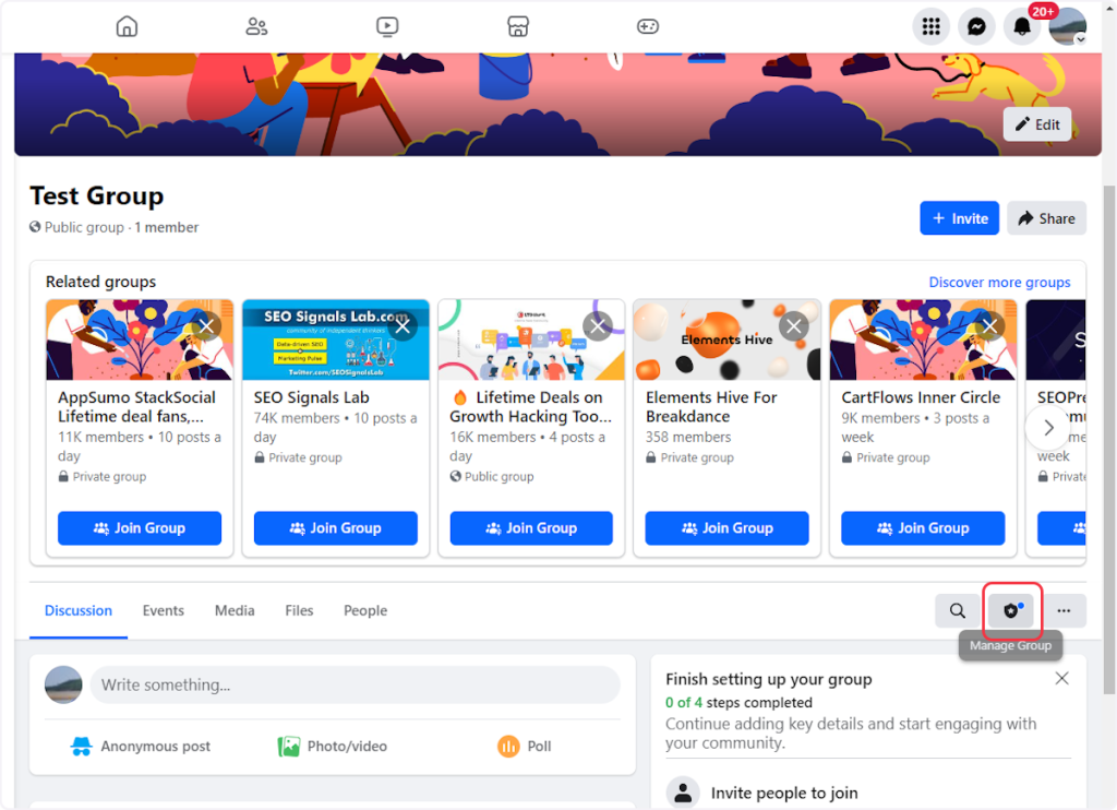Then inside the group page, Click on the "Manage Group" icon.