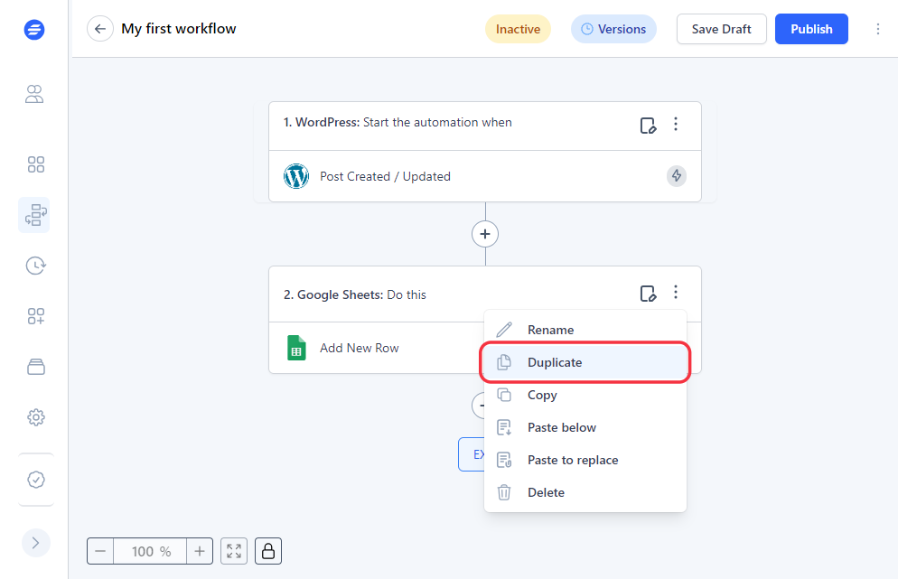 Image of workflow steps with Duplicate option inside SureTriggers.