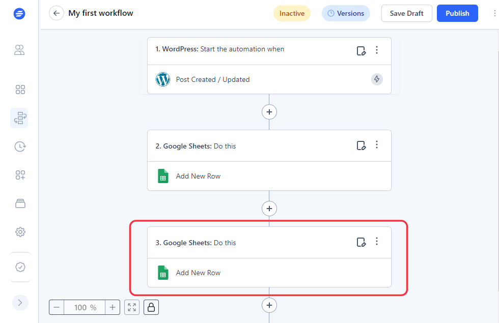 Image of a Workflow with a duplicated step inside SureTriggers.