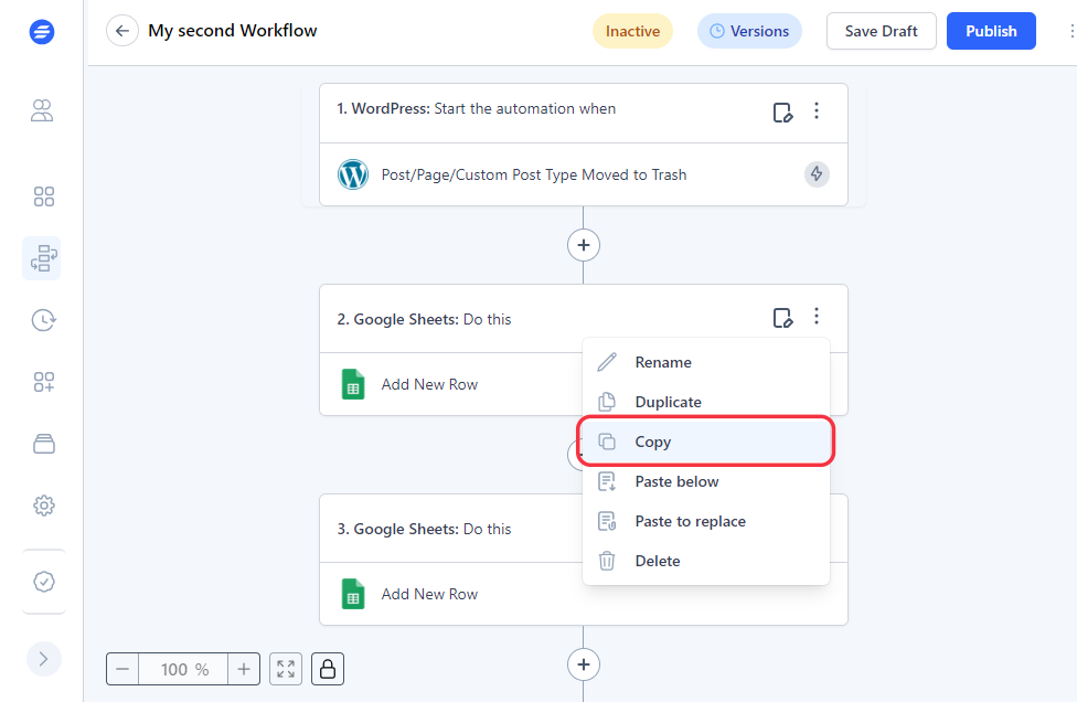 Image of a workflow with a copy step option inside SureTriggers.