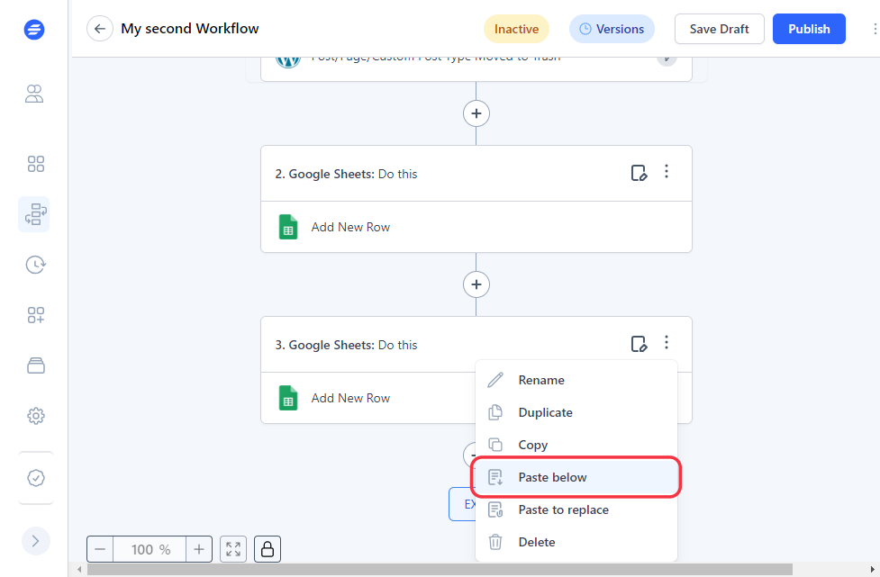 Image of a workflow with Paste step option inside Suretriggers.