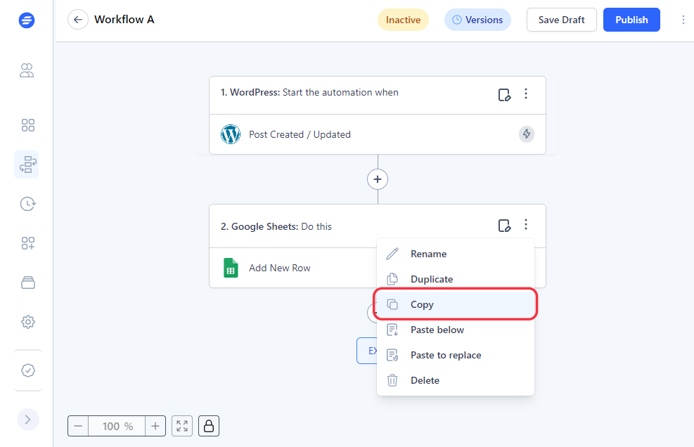 Image of a SureTriggers Workflow with copy step option.