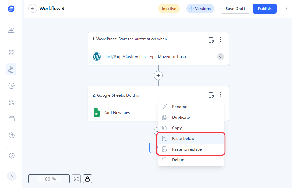 Image of a SureTriggers Workflow with Paste step option.