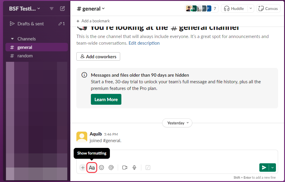 Image of Slack channel chat window with formatting options.