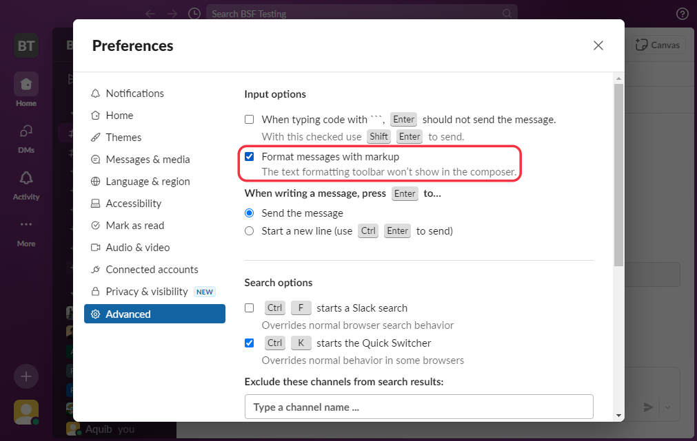 Image of Slack profile's advanced settings.