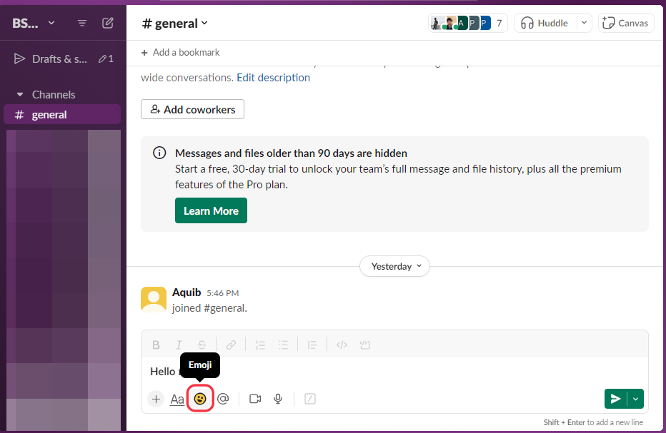 Image of a Slack channel chat window.