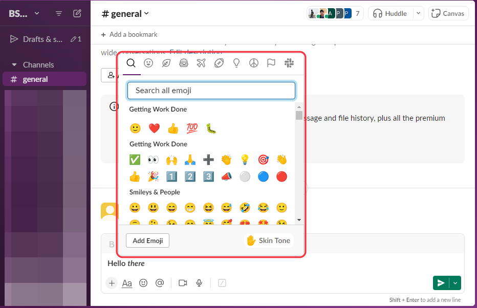 Image of a slack channel chat window with emoji options.