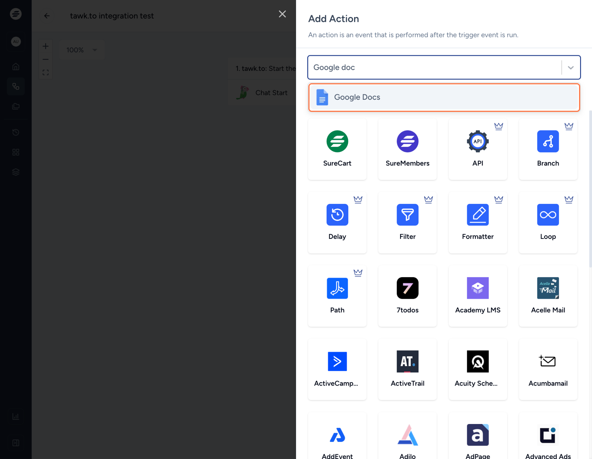 Select Google Docs as the action app