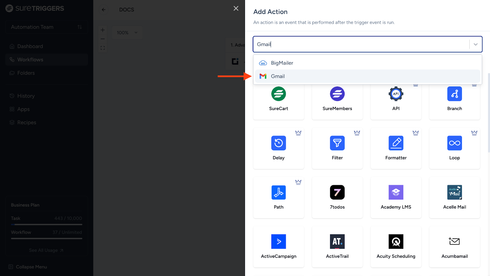 select Gmail as the action app