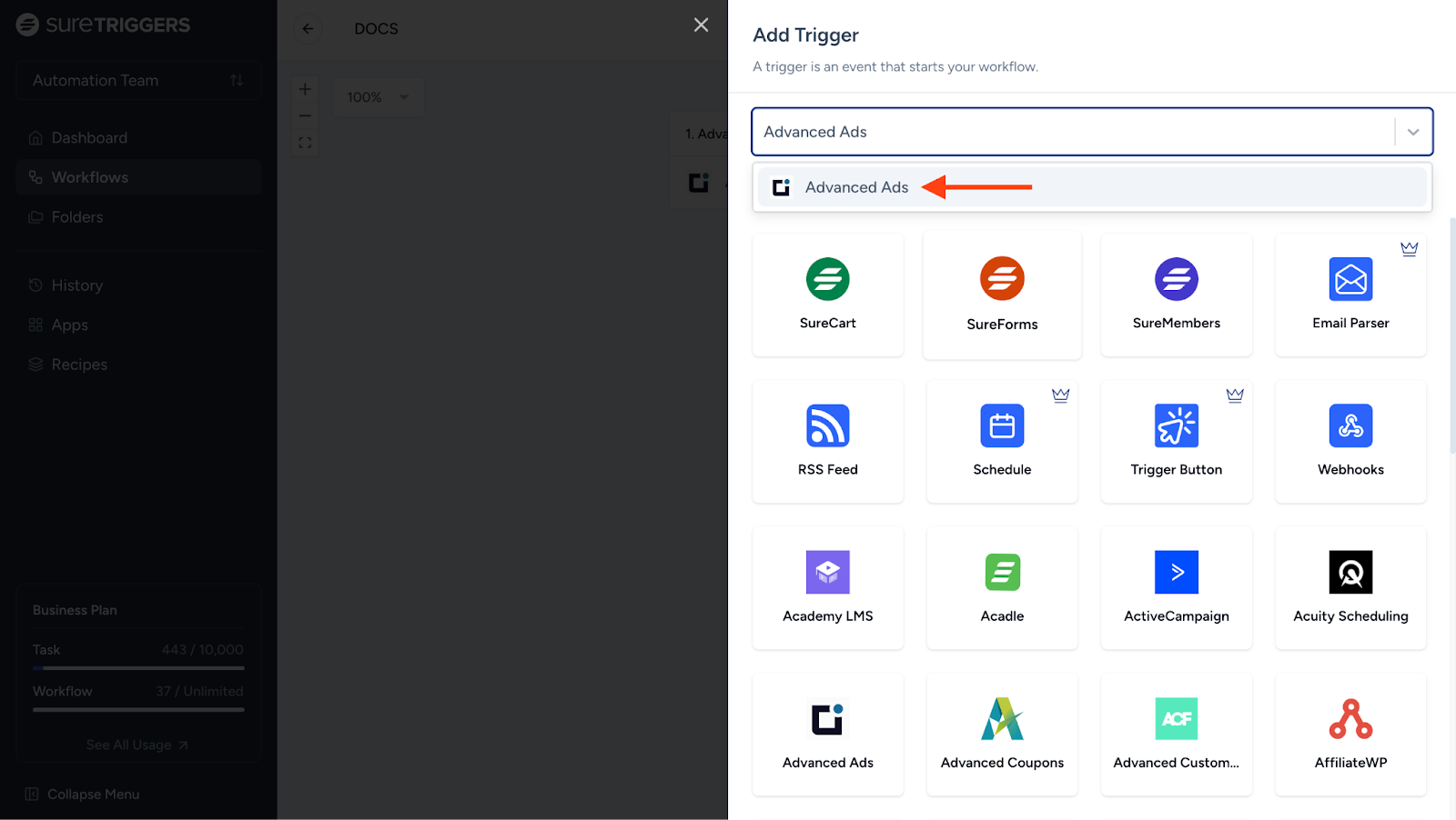 select advanced ads as the trigger app